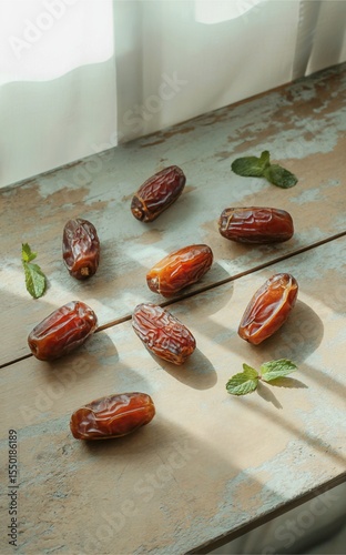 dried dates arranged on rustic wood in natural sunlight, dried dates flatlay with mint leaves, dried dates healthy oriental snack concept
