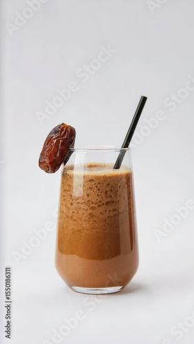 date smoothie in glass with straw and whole date garnish, date smoothie vegan energy drink, date smoothie healthy superfood beverage
