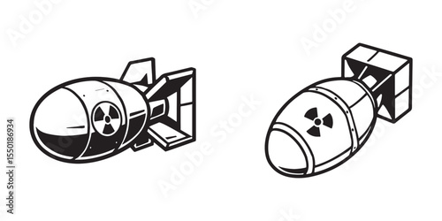Black and white cartoon style vector illustration of a powerful nuclear bomb icon design