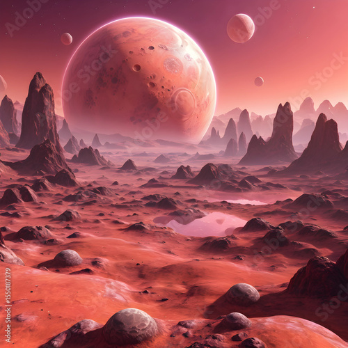 A realistic alien planet landscape with two moons, rocky terrain, orange-pink sky, highly detailed environment, 4K, cinematic atmosphere