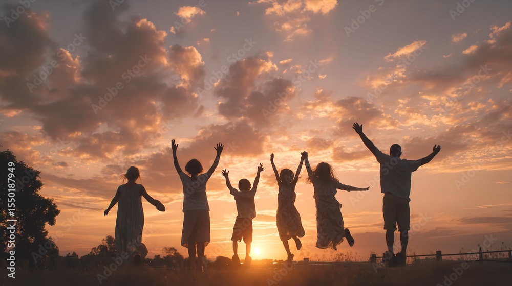 Family s Silhouette Leaping in Golden Sunset Rejoicing a Summer Evening Celebrating Togetherness with Silhouetted Family s Silhouette Leaping in Golden Sunset Rejoicing a Summer Evening Celebrating Togetherness with Silhouetted