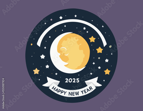 2025 logo and premium wish card with moon and planet style. Happy new Year.