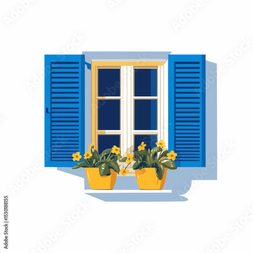 Rustic Mediterranean windows with blue shutters and potted flowers on white walls. Ideal for travel illustrations, editorial design, postcards, and summer decor concepts
