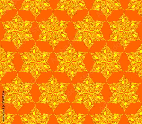seamless symmetrical pattern of abstract yellow graphic elements on a red background, texture, design