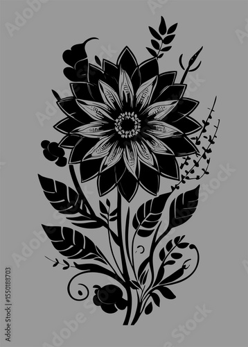 black graphic drawing of a bouquet of flowers on a gray background, design, art