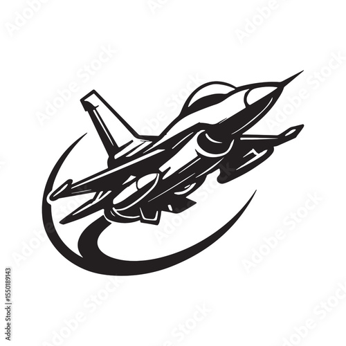  Black and white vector illustration of a modern fighter jet flying with dynamic curved motion