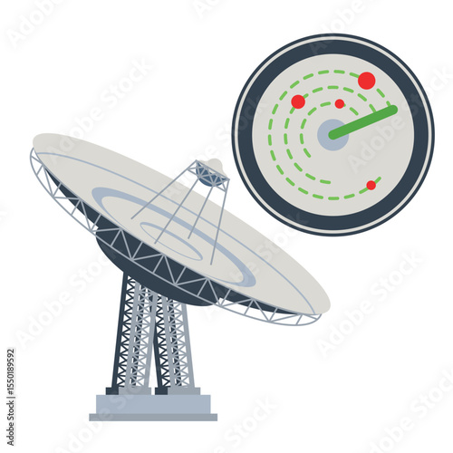 Round Radar and satellite system vector. Military, scientific and exploratory search system.
 Tech sensor circle symbol. Style is flat symbol, rounded angles, white background