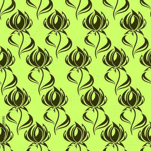 seamless contour pattern of large olive flowers on a green background, texture, design