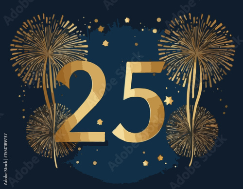 Anniversary 25, celebrating twenty five years,25th anniversary.Elegant card for event with abstract golden fireworks and golden numbers on blue background with geometric pattern.Vector illustration