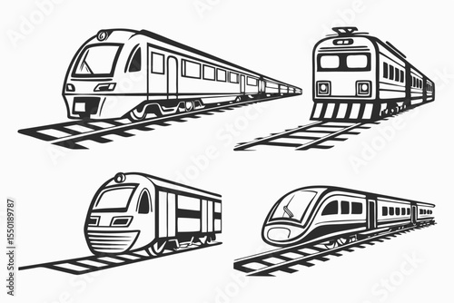 Different types of trains traveling on railway tracks with a focus on varying designs and styles.
