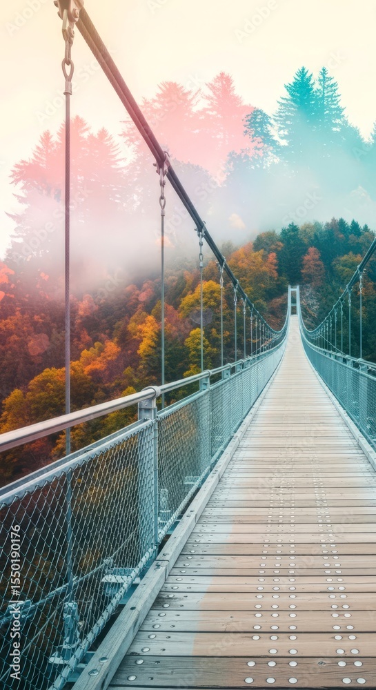 Obraz premium Wooden suspension bridge extends over a valley with vibrant autumn trees and fog. Nature adventure and remote travel concept.