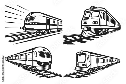 Different types of trains traveling on railway tracks with a focus on varying designs and styles.