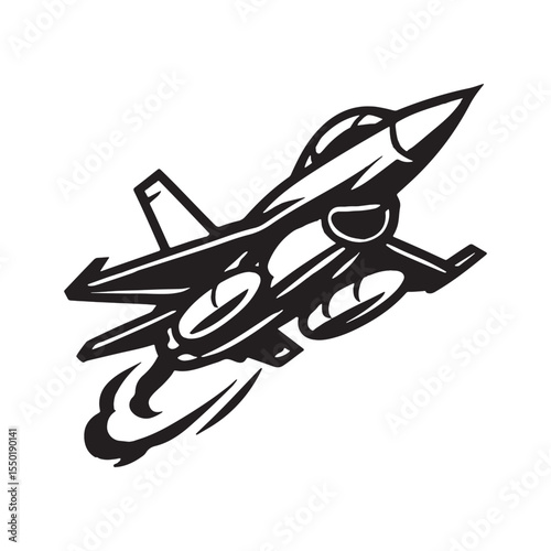Military fighter aircraft in bold line art style with sharp wings and detailed silhouette form