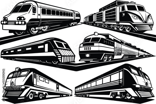Different types of trains traveling on railway tracks with a focus on varying designs and styles.