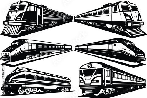 Different types of trains traveling on railway tracks with a focus on varying designs and styles.