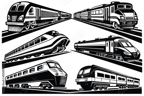 Different types of trains traveling on railway tracks with a focus on varying designs and styles.