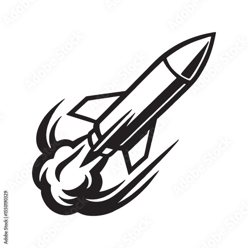 Rocket icon in minimalist silhouette design with strong blast effect and motion lines