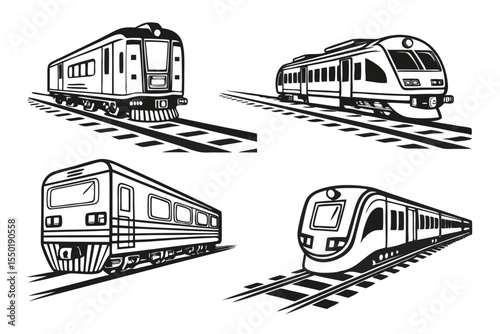 Different types of trains traveling on railway tracks with a focus on varying designs and styles.