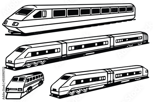 Different types of trains traveling on railway tracks with a focus on varying designs and styles.