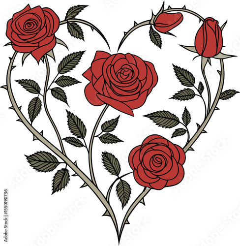 Eternal Rose Heart: A romantic illustration featuring a delicate arrangement of vibrant red roses and buds intricately woven into the shape of a heart. The composition evokes feelings of love.