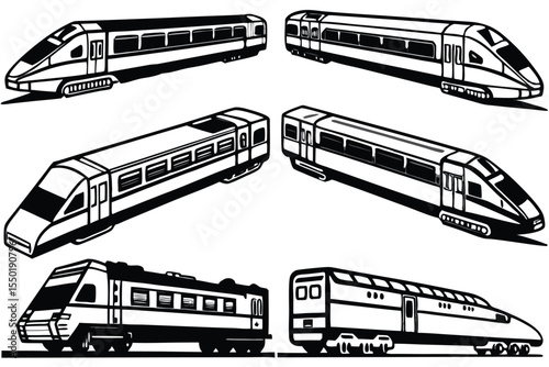 Different types of trains traveling on railway tracks with a focus on varying designs and styles.