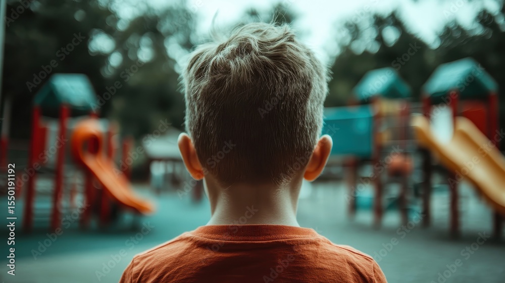 Fototapeta premium A young child stands in front of a colorful playground, contemplating the joyful activities happening around him, showcasing curiosity and a sense of wonder in a vibrant setting.
