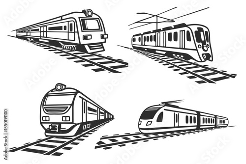 Different types of trains traveling on railway tracks with a focus on varying designs and styles.