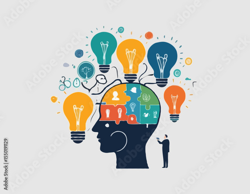 Bright concept of idea, inspiration, creativity, solutions for business or startups. Creative mind, brainstorm, creative idea concept. Vector illustration for web, banner, flyer, social media.
