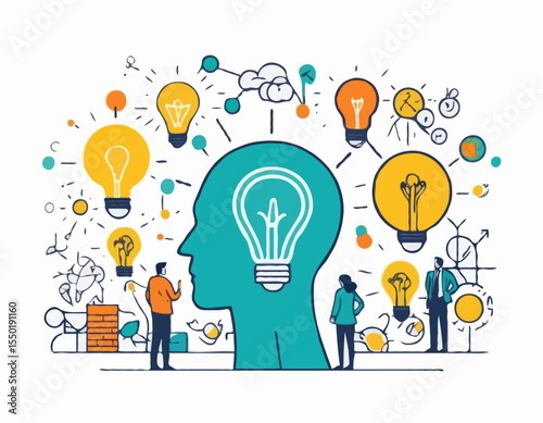 Bright concept of idea, inspiration, creativity, solutions for business or startups. Creative mind, brainstorm, creative idea concept. Vector illustration for web, banner, flyer, social media.