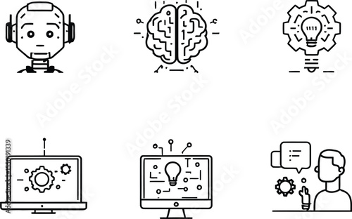 Technology & Innovation Icon Pack Featuring Six Conceptual Silhouettes—A Robot with Headphones, an Active Brain with Neural Paths, a Gear-Lightbulb Combo Representing Innovation, a Laptop 