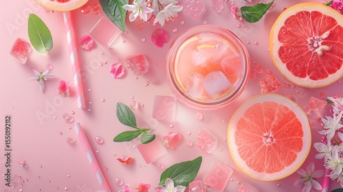 Flat lay of a refreshing pink grapefruit drink with ice, surrounded by citrus slices, flowers, leaves, and candy on a pink background.