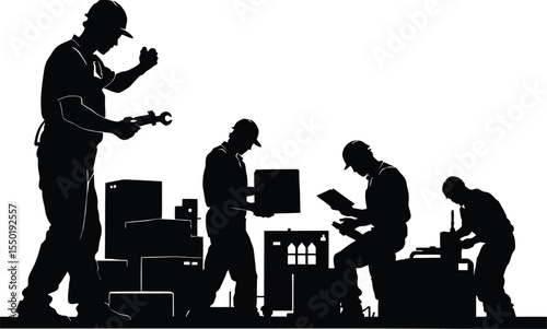 Labor Force Activity Silhouette Illustration Featuring Four Distinct Worker Figures in a Warehouse or Industrial Environment—One Holding a Wrench, Another Carrying a Box, a Third Reviewing a Clipboard