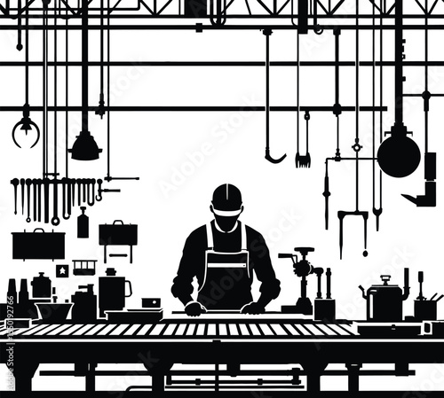 Workshop Craftsman Silhouette Scene Featuring a Figure in Hard Hat and Apron Working at a Detailed Bench—Surrounded by Hanging Tools Including Wrenches, Pliers, and Clamps, with Equipment Like a Drill