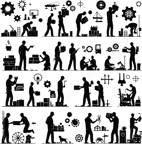Industrial Workforce Collage Silhouette Poster Featuring Four Horizontal Panels, Each Depicting Thematic Groups of Workers and Tools—Including Construction Crews with Hard Hats, Engineers Operating 