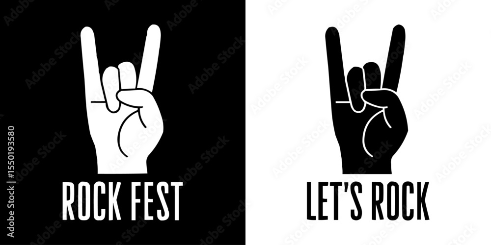 Fototapeta premium Rock Music Festival Graphic Design Featuring Hand Gesture Icon and Bold Typography in Monochrome Style Perfect for Band Posters Merchandise Concert Promotions Stickers and Alternative Music Branding