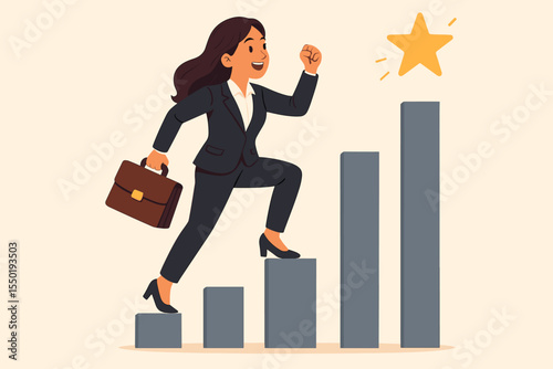Ambitious businesswoman climbing a career ladder to success. Metaphor for self-improvement, business growth, and achievement. Woman walking up a bar chart to a star. Vector.