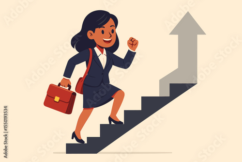 Ambitious businesswoman climbing career ladder stairs towards success. Corporate woman with briefcase walking up. Concept of growth, progress, self-improvement, and achievement.
