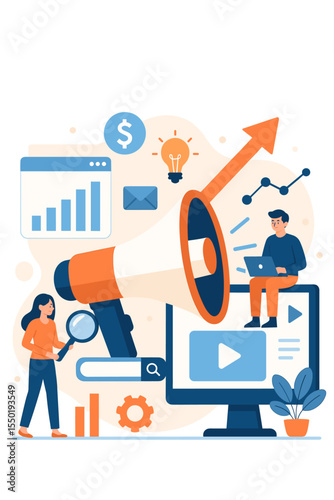 Online marketing strategies for profit growth and business development. Concept of brand reach amplification with a megaphone, SEO analysis, and content creation. Vector illustration.
