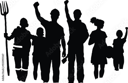 Solidarity & Labor Tribute Silhouette Poster Featuring Six Standing Figures with Raised Hands and Fists—One Holding a Pitchfork—All Rendered in Bold Black Against a White Background, Emphasizing Unity