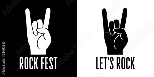 Rock Music Festival Graphic Design Featuring Hand Gesture Icon and Bold Typography in Monochrome Style Perfect for Band Posters Merchandise Concert Promotions Stickers and Alternative Music Branding