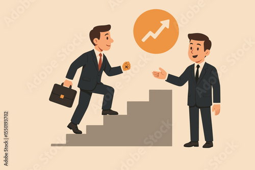 Business coaching and mentorship concept. Manager helping an employee climb the career ladder. Businessman with briefcase climbing stairs for promotion, success, and goal achievement.