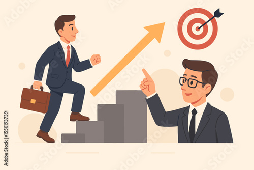 Business coaching and mentorship concept for career growth. A manager guides an employee climbing the stairs of success to a target, representing goal achievement and promotion.