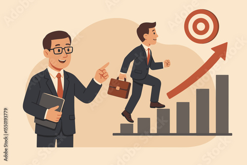 Business coaching concept. Mentor guiding employee. Career growth and promotion. Man climbing stairs bar chart. Leadership for success. Strategy to achieve goal and target. Ambition.