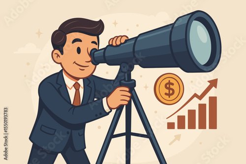 Businessman investor looks through a telescope searching for financial opportunities. Business vision concept for market forecast, investment strategy, future growth, and success. Vector.