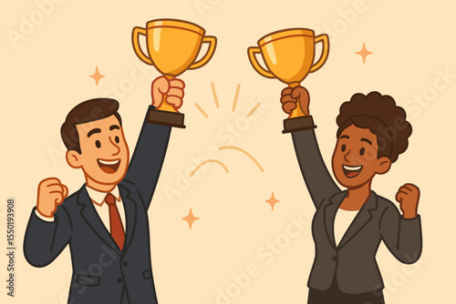 Happy diverse business partners celebrating success holding gold trophy cups. Concept of teamwork, victory, achievement and collaboration. Successful man and woman win prize. Vector.