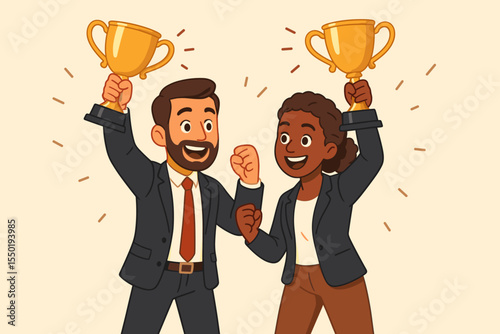 Diverse business partners celebrating success with gold trophies. Man and woman teamwork concept for victory and achievement. Cartoon vector illustration of a successful team.