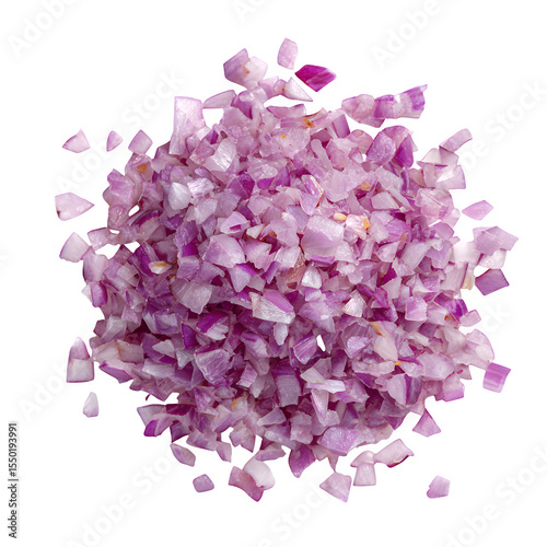 Small pile of finely chopped red onion, isolated on a clean white background, top view,