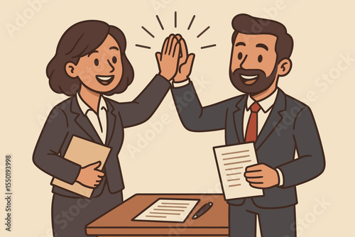Business partners high fiving after successful negotiation and agreement. Happy colleagues celebrating teamwork, collaboration, and achievement. Vector illustration of a sealed deal.