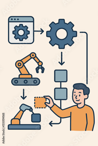 Business process management and workflow automation concept with man arranging flowchart. Vector illustration of robotic arm, gears, and system optimization for industrial production.