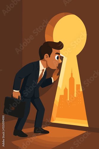 Businessman looking through keyhole at city skyline. Concept for new opportunity, career vision, business success, and corporate challenges. Metaphor for unlocking future potential.